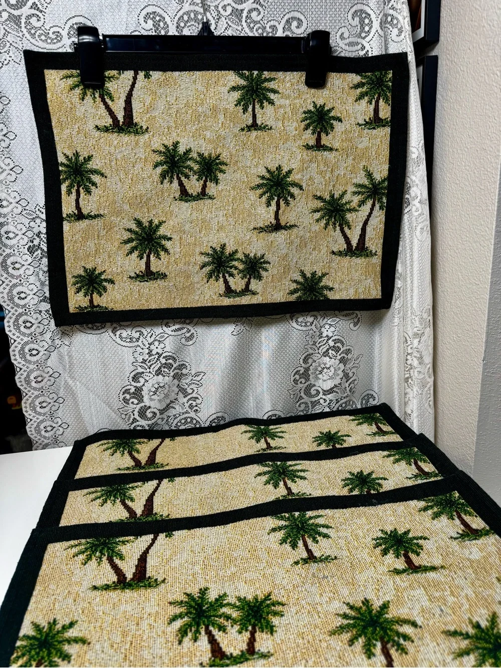Vintage Woven Tapestry Palm Tree Placemats, Set of 4 Tropical Coastal, 18.5x13